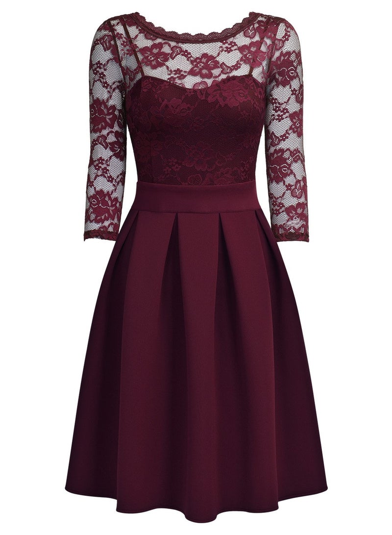 Miusol Women's Vintage Floral Lace 2/3 Sleeve Bridesmaid Party Dress, Wine, X-Large - Image 5